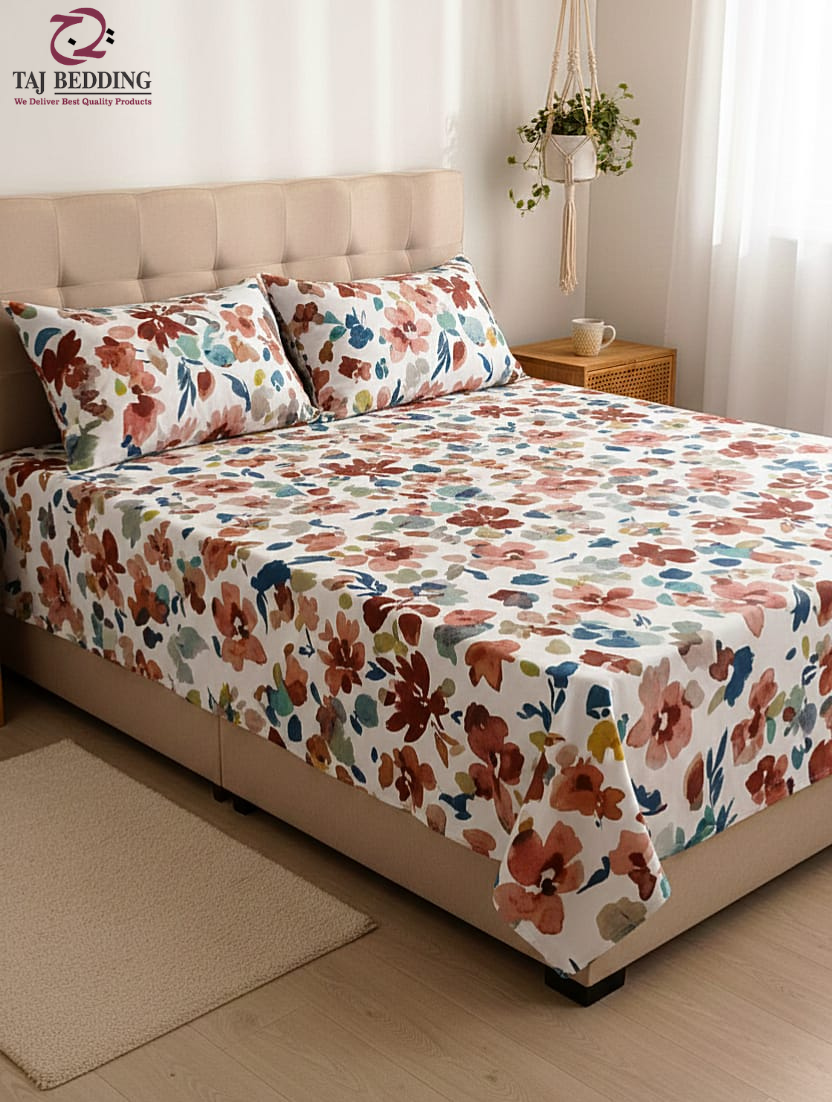 Printed Floral Glace Flat Bedsheet Set - King Size