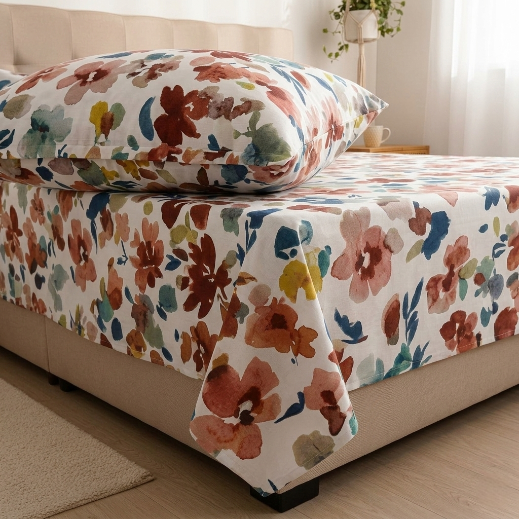 Printed Floral Glace Flat Bedsheet Set - King Size