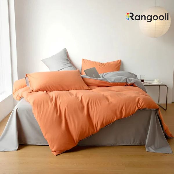 Reversible Duvet Cover Set King Size - Orange & Light Grey (186)