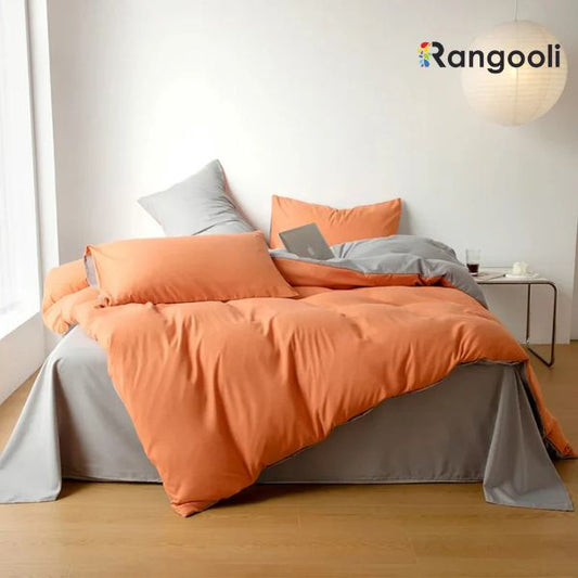 Reversible Duvet Cover Set King Size - Orange & Light Grey (186)
