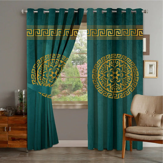 2 PIECE OF PREMIUM VELVET CURTAINS WITH 2 BELTS (GREEN&GOLD) (0026)