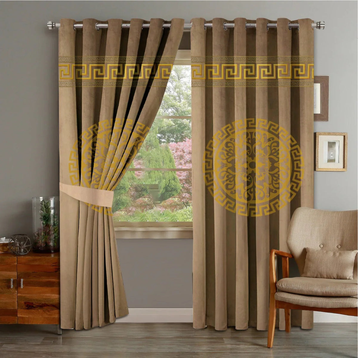 2 PIECE OF PREMIUM VELVET CURTAINS WITH 2 BELTS (BEIGE&GOLD) (0022)