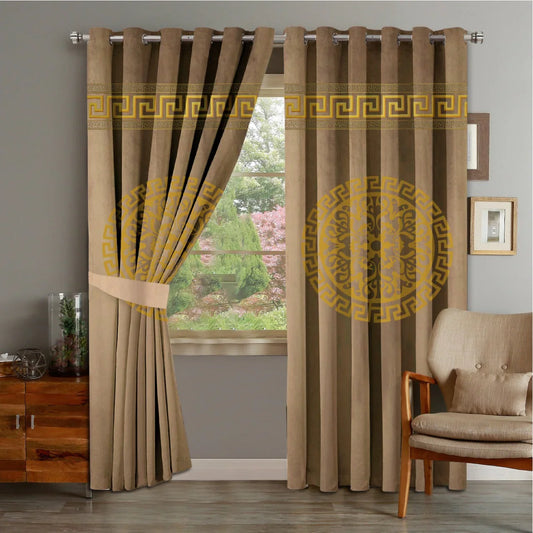 2 PIECE OF PREMIUM VELVET CURTAINS WITH 2 BELTS (BEIGE&GOLD) (0022)