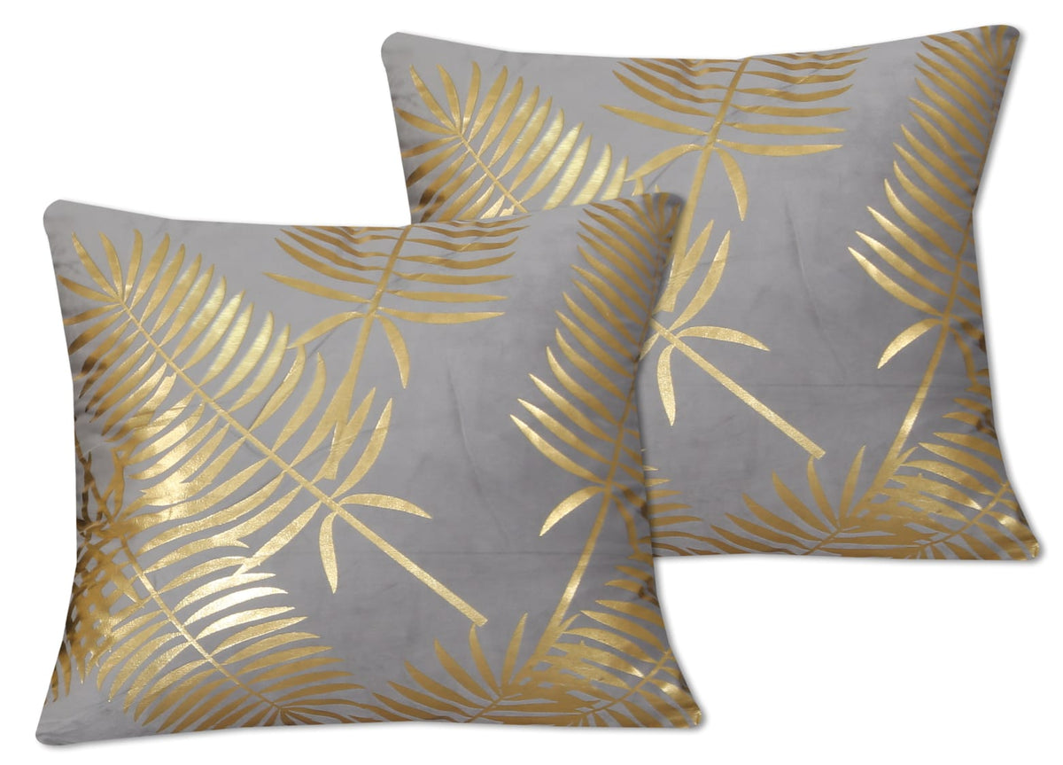 Gold Foil Palm Leaf Velvet Cushion Cover - Grey