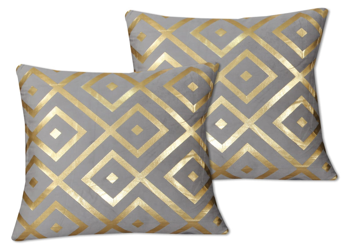 Geometric Diamond Foil Velvet Cushion Cover – Grey