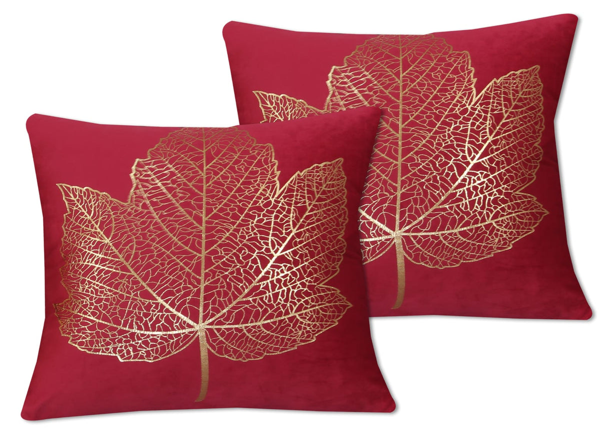 Golden Maple Leaf Velvet Cushion Cover - Maroon