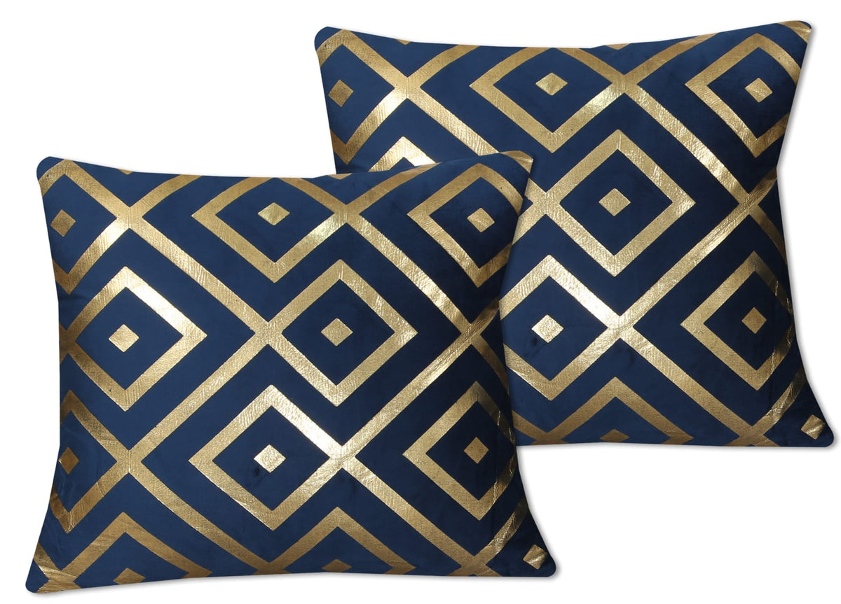 Geometric Diamond Foil Velvet Cushion Cover – Navy Blue