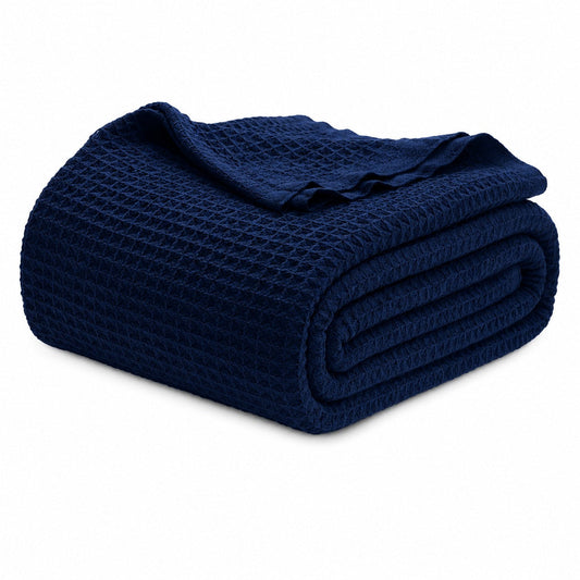 Cotton Waffle Blanket - Navy Blue