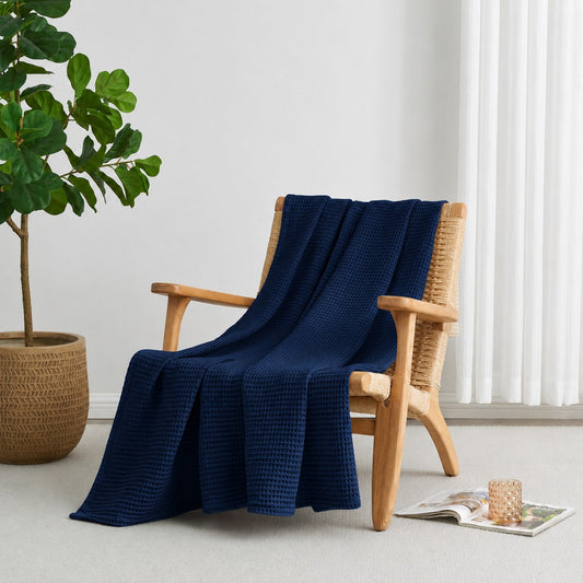Cotton Waffle Blanket - Navy Blue