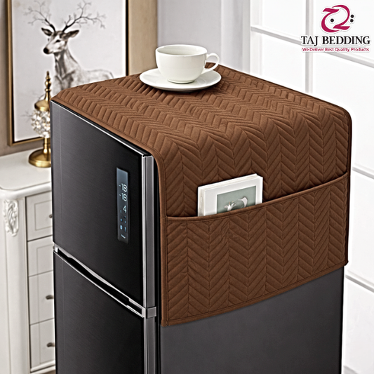 Zigzag Ultrasonic Quilted Refrigerator Cover With Pockets - Brown