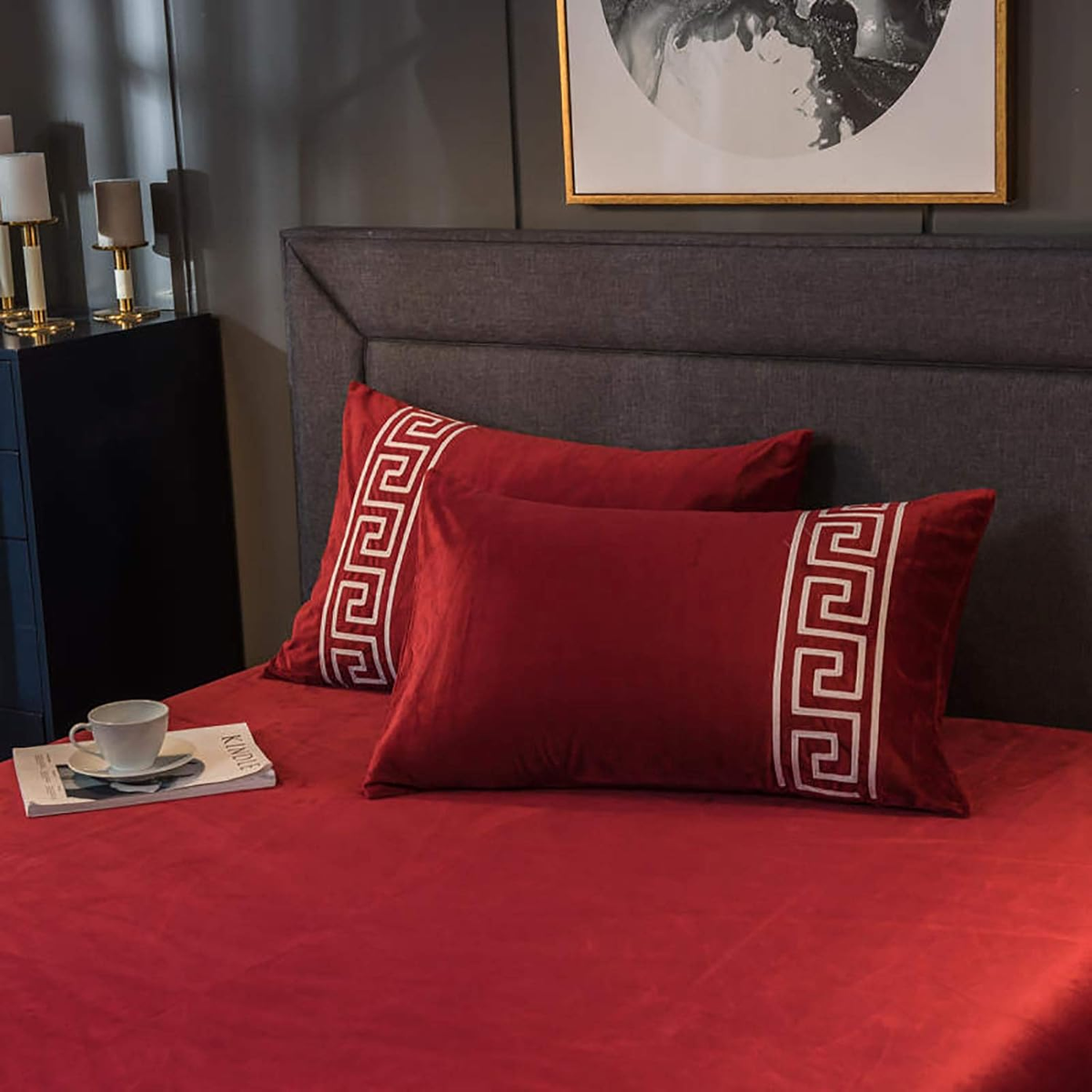 Luxury Aplic Work Velvet Duvet Set - Red