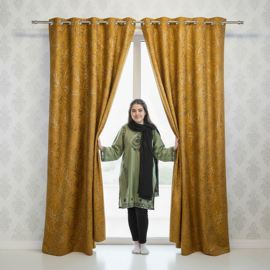 2 PCS PREMIUM QUALITY TEXTURE VELVET CURTAINS - Mustard