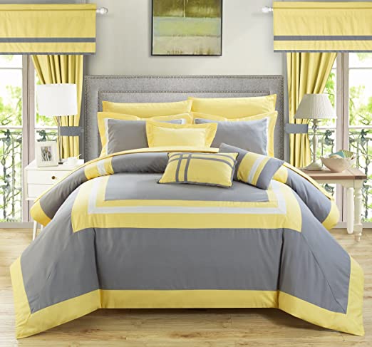 Embellish Patch Pleated Duvet Set -Yellow & Gray (072)